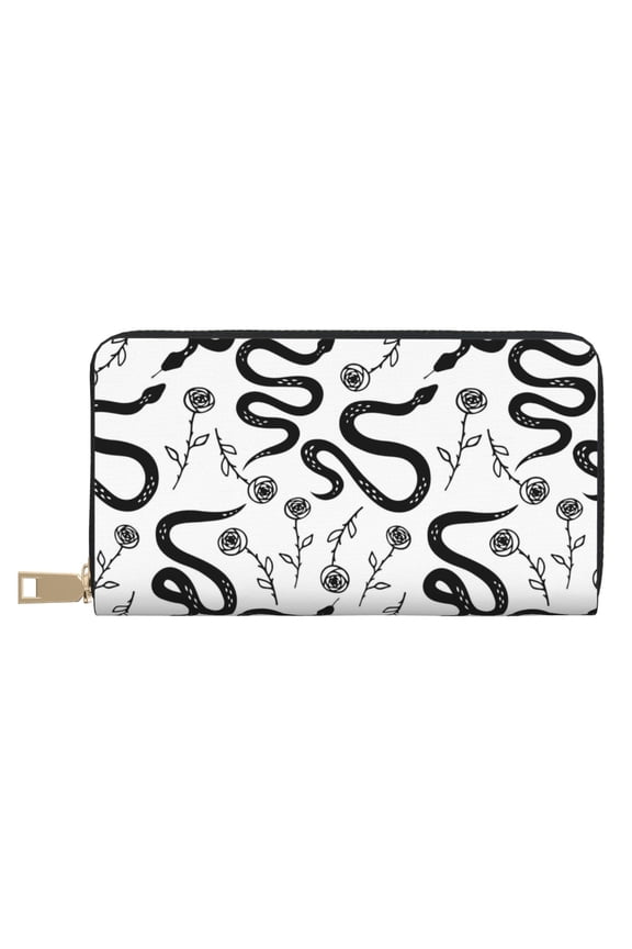 Leather Thin Slim Wallets for Women Men - Sketch Simple Black Snake_A Clutch Card Wallet for Women Men with Zipper