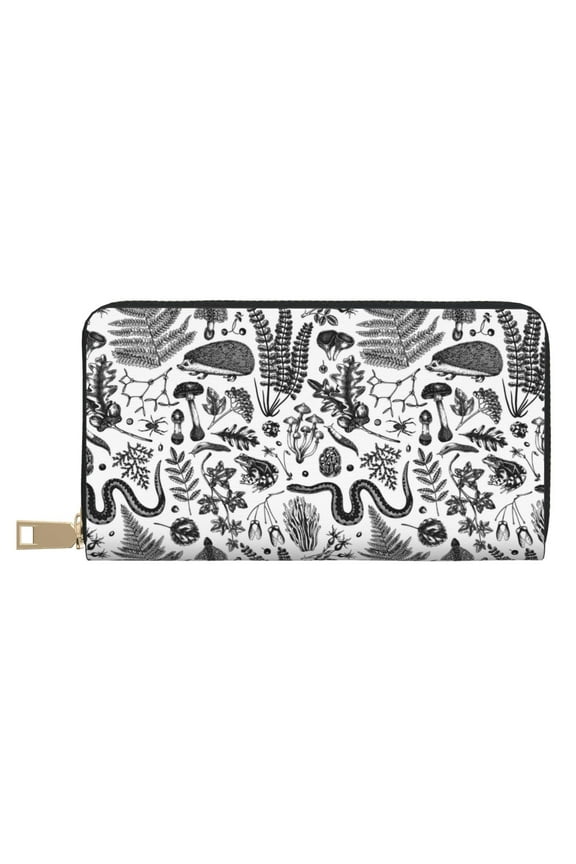 Leather Thin Slim Wallets for Women Men - Sketch Snake Mushroom Hedgehog Clutch Card Wallet for Women Men with Zipper