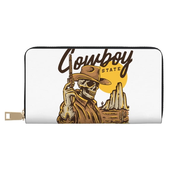 Leather Thin Slim Wallets for Women Men - Skull Cowboy Clutch Card Wallet for Women Men with Zipper