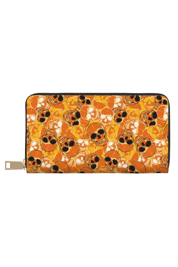 Leather Thin Slim Wallets for Women Men - Skulls Clutch Card Wallet for Women Men with Zipper