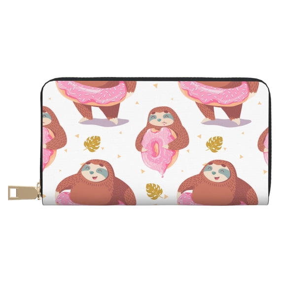 Leather Thin Slim Wallets for Women Men - Sloth with Donuts1 Clutch Card Wallet for Women Men with Zipper