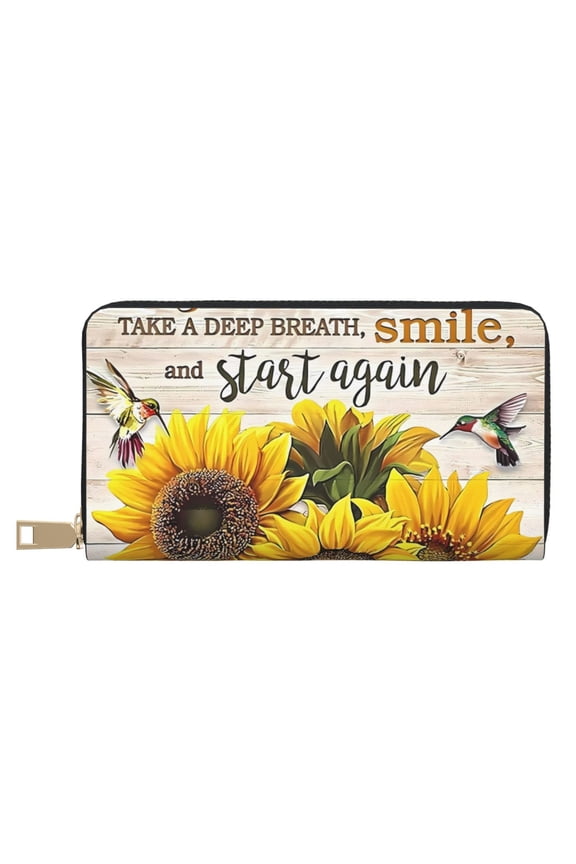 Leather Thin Slim Wallets for Women Men - Smile Sunflower Bee Bird Clutch Card Wallet for Women Men with Zipper
