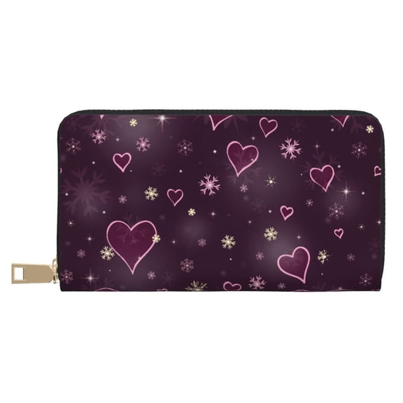 Leather Thin Slim Wallets for Women Men - Snowflakes and Hearts Clutch Card Wallet for Women Men with Zipper