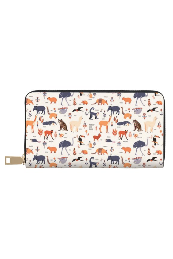 Leather Thin Slim Wallets for Women Men - South American Animals Clutch Card Wallet for Women Men with Zipper