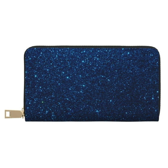 Leather Thin Slim Wallets for Women Men - Sparkling Blue Glitter Clutch Card Wallet for Women Men with Zipper
