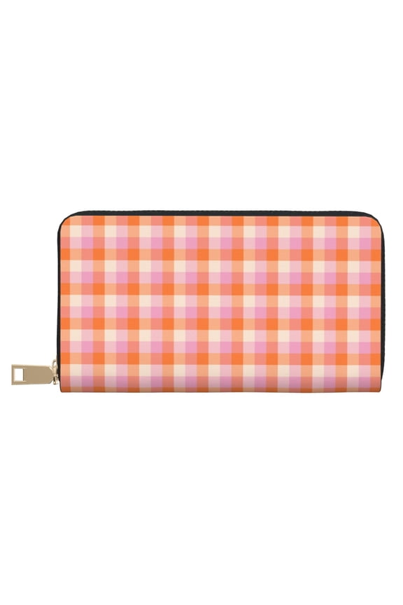 Leather Thin Slim Wallets for Women Men - Square Orange Purple Plaid Clutch Card Wallet for Women Men with Zipper