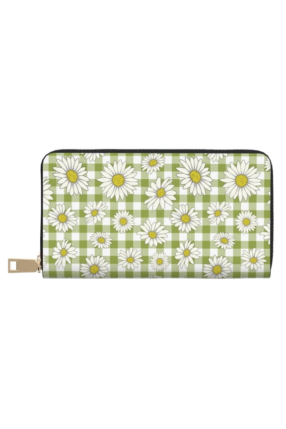 Leather Thin Slim Wallets for Women Men - Square Texture Daisies Flowers Clutch Card Wallet for Women Men with Zipper