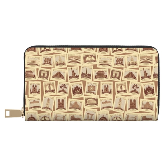 Leather Thin Slim Wallets for Women Men - Stamp Pattern Vintage Clutch Card Wallet for Women Men with Zipper