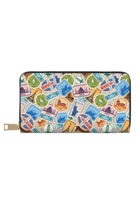 Leather Thin Slim Wallets for Women Men - Stamp Pattern world Clutch Card Wallet for Women Men with Zipper