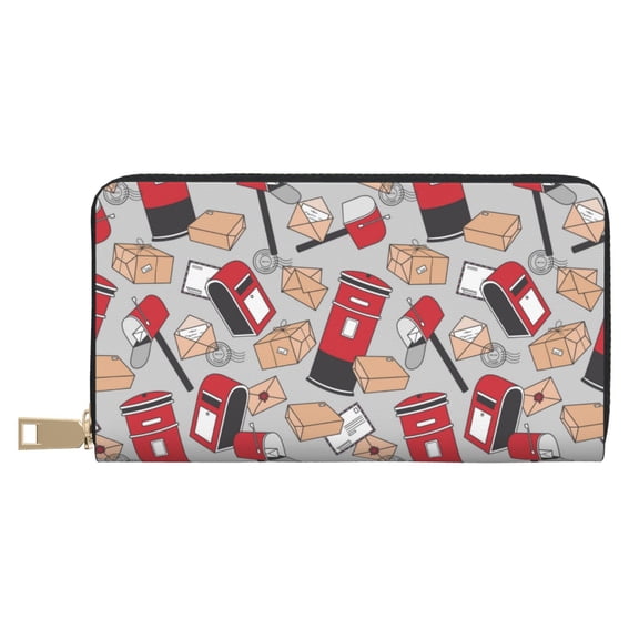 Leather Thin Slim Wallets for Women Men - Stamp mailbox Pattern Clutch Card Wallet for Women Men with Zipper
