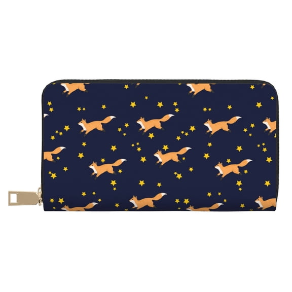 Leather Thin Slim Wallets for Women Men - Star Fox Print Clutch Card Wallet for Women Men with Zipper
