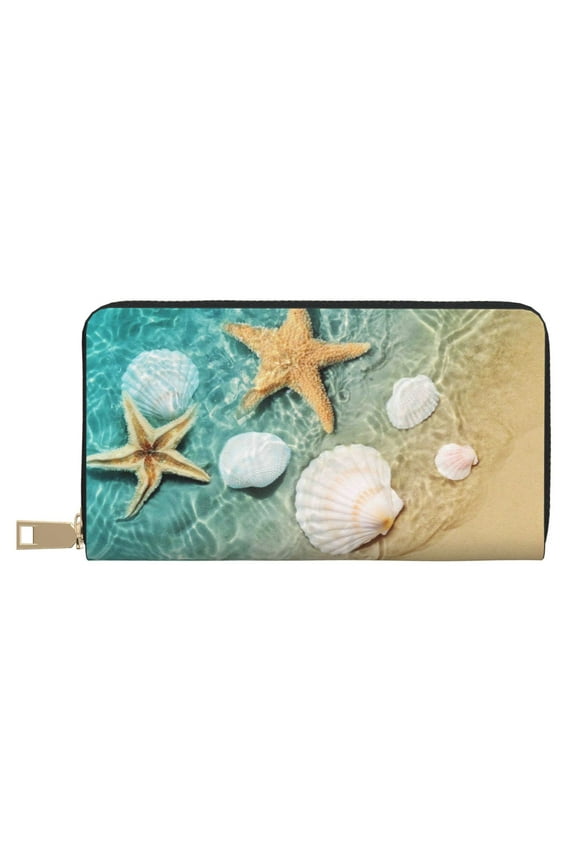 Leather Thin Slim Wallets for Women Men - Starfish And Seashell On The Summer Beach Clutch Card Wallet for Women Men with Zipper