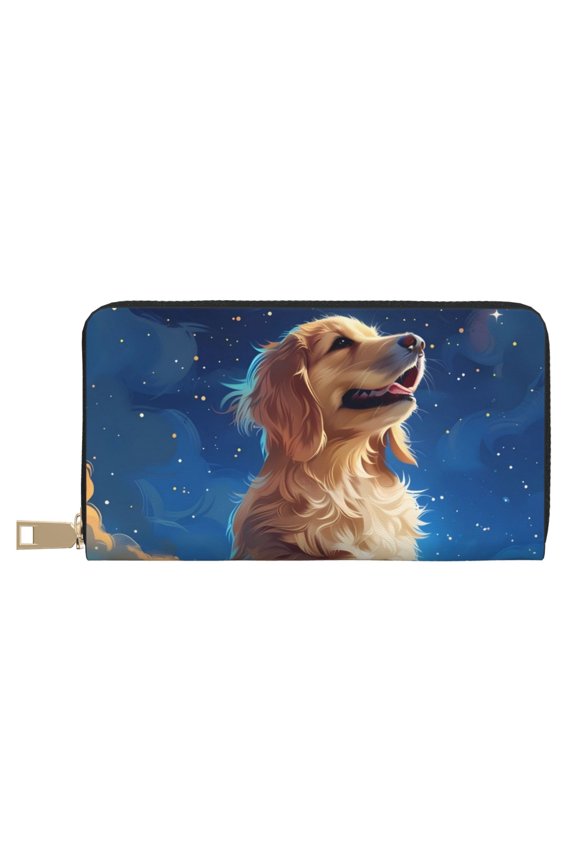 Leather Thin Slim Wallets for Women Men - Starry Sky Cloud Dog Clutch Card Wallet for Women Men with Zipper