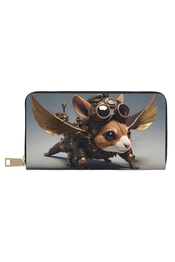 Leather Thin Slim Wallets for Women Men - Steampunk Squirrel Pilot Clutch Card Wallet for Women Men with Zipper