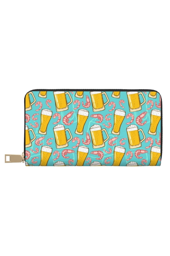 Leather Thin Slim Wallets for Women Men - Summer Shrimps Beer Clutch Card Wallet for Women Men with Zipper