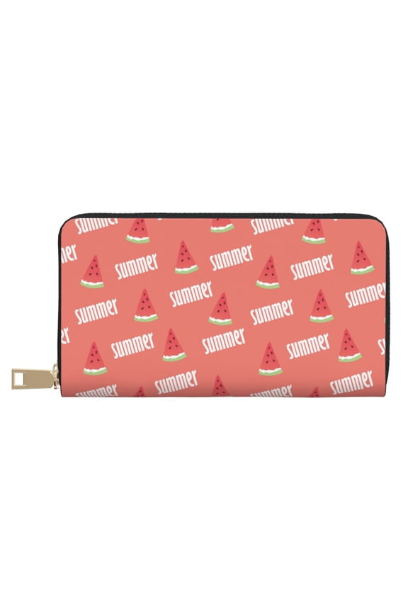 Leather Thin Slim Wallets for Women Men - Summer Watermelon Clutch Card Wallet for Women Men with Zipper