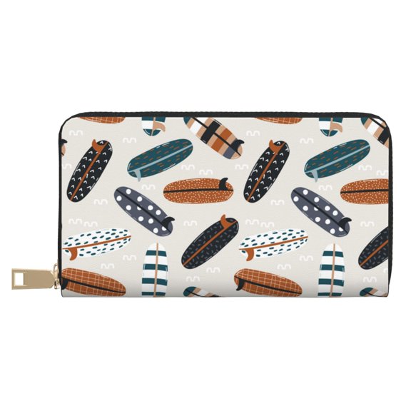 Leather Thin Slim Wallets for Women Men - Summer surf boards Clutch Card Wallet for Women Men with Zipper