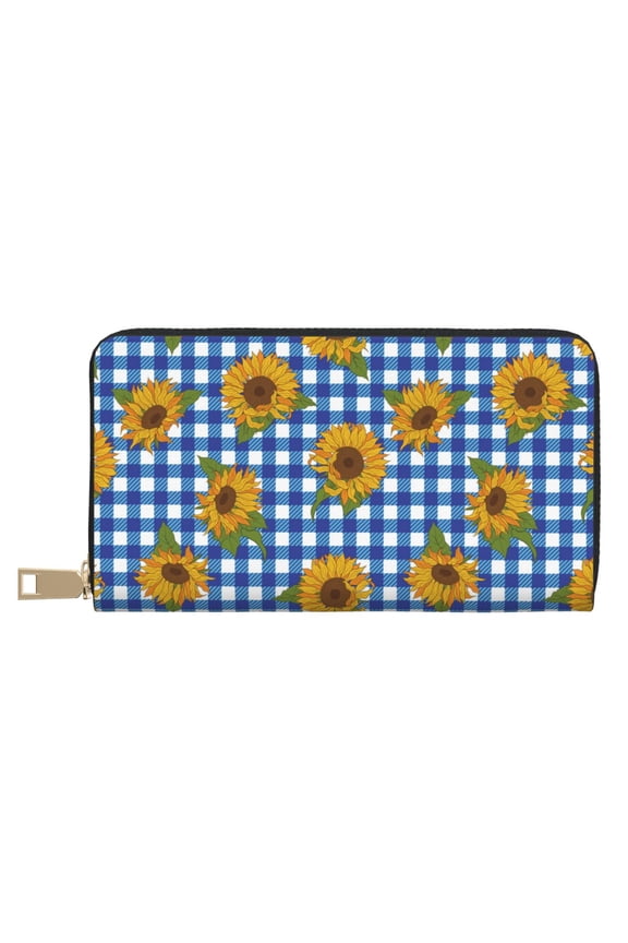 Leather Thin Slim Wallets for Women Men - Sunflowers Square Clutch Card Wallet for Women Men with Zipper