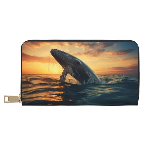 Leather Thin Slim Wallets for Women Men - Sunset Ocean Whale Clutch Card Wallet for Women Men with Zipper
