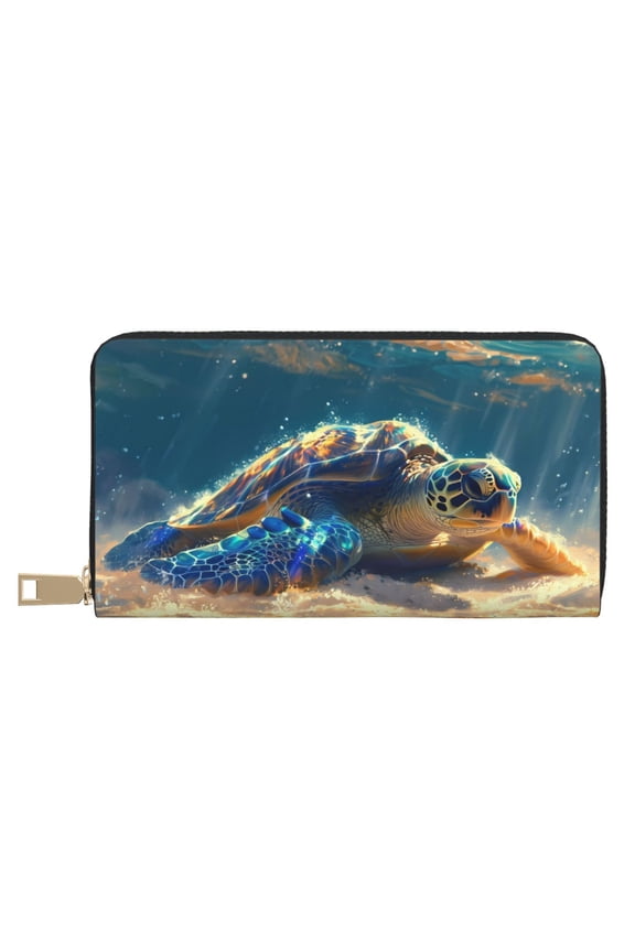 Leather Thin Slim Wallets for Women Men - Sunshine Underwater Sand Turtle Clutch Card Wallet for Women Men with Zipper