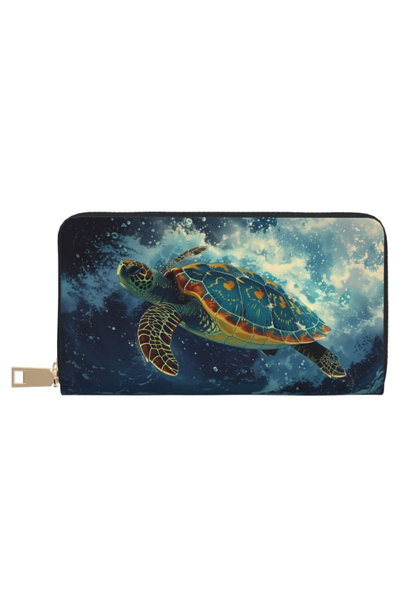 Leather Thin Slim Wallets for Women Men - Surfing Turtle Clutch Card Wallet for Women Men with Zipper