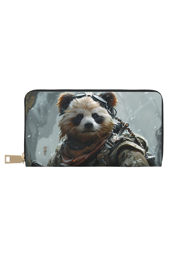 Leather Thin Slim Wallets for Women Men - Surreal Panda Warrior Clutch Card Wallet for Women Men with Zipper