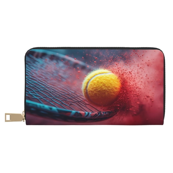 Leather Thin Slim Wallets for Women Men - Tennis Impact in Slow Motion Clutch Card Wallet for Women Men with Zipper