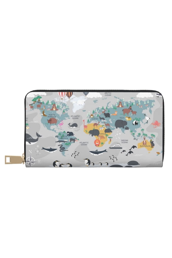 Leather Thin Slim Wallets for Women Men - The World Map with Cartoon Animals Clutch Card Wallet for Women Men with Zipper