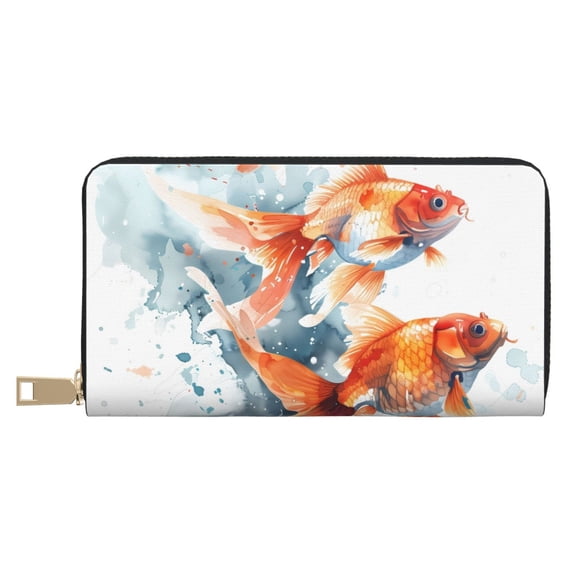 Leather Thin Slim Wallets for Women Men - Three Goldfish Watercolor Splash Clutch Card Wallet for Women Men with Zipper
