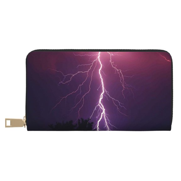 Leather Thin Slim Wallets for Women Men - Thunderstorm Violet Purple Clutch Card Wallet for Women Men with Zipper