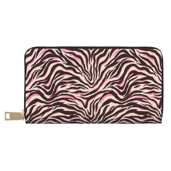 Leather Thin Slim Wallets for Women Men - Tiger zebra stripes print pink Clutch Card Wallet for Women Men with Zipper
