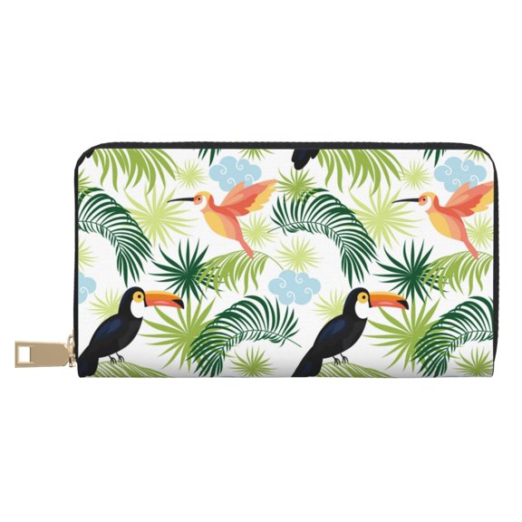 Leather Thin Slim Wallets for Women Men - Toucan and Hummingbird Clutch Card Wallet for Women Men with Zipper