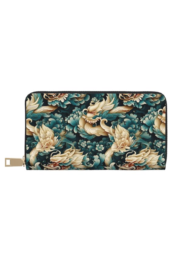 Leather Thin Slim Wallets for Women Men - Traditional Clouds Dragon Clutch Card Wallet for Women Men with Zipper