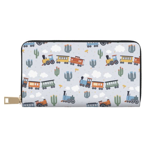 Leather Thin Slim Wallets for Women Men - Trains And Cactuse Clutch Card Wallet for Women Men with Zipper