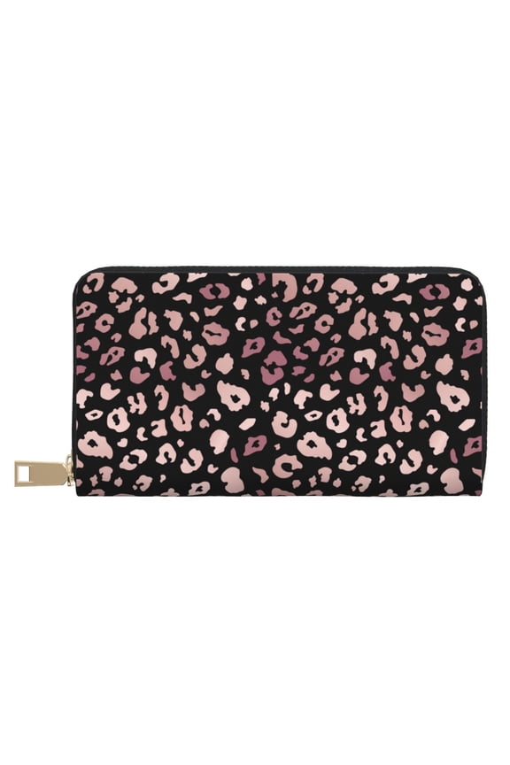 Leather Thin Slim Wallets for Women Men - Trendy shiny rose gold leopard Clutch Card Wallet for Women Men with Zipper