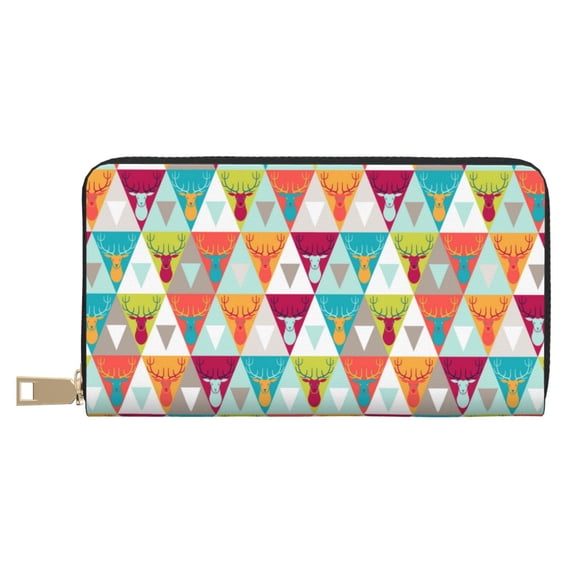 Leather Thin Slim Wallets for Women Men - Triangular Funny Colorful Deer Clutch Card Wallet for Women Men with Zipper