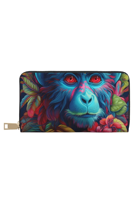 Leather Thin Slim Wallets for Women Men - Tribal Style Flower Blue Monkey Clutch Card Wallet for Women Men with Zipper