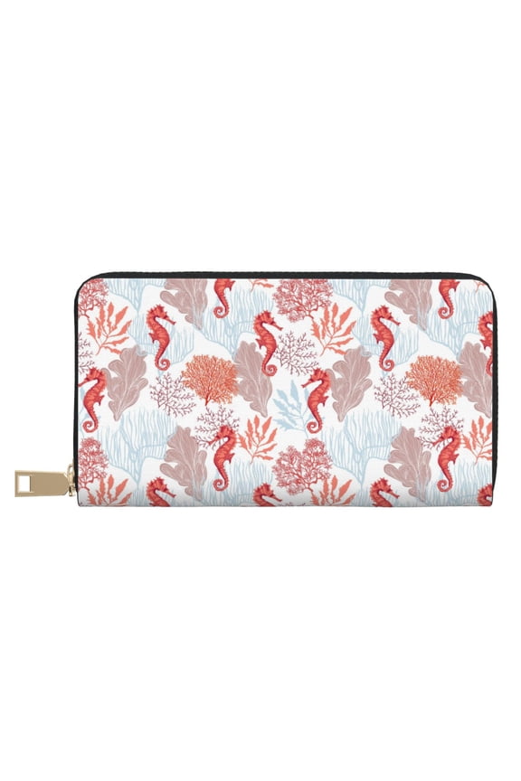 Leather Thin Slim Wallets for Women Men - Tropical Corals Seahorse Clutch Card Wallet for Women Men with Zipper