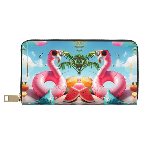 Leather Thin Slim Wallets for Women Men - Tropical Flamingo Pool Float Clutch Card Wallet for Women Men with Zipper