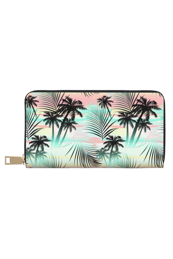 Leather Thin Slim Wallets for Women Men - Tropical Summer Palm Clutch Card Wallet for Women Men with Zipper