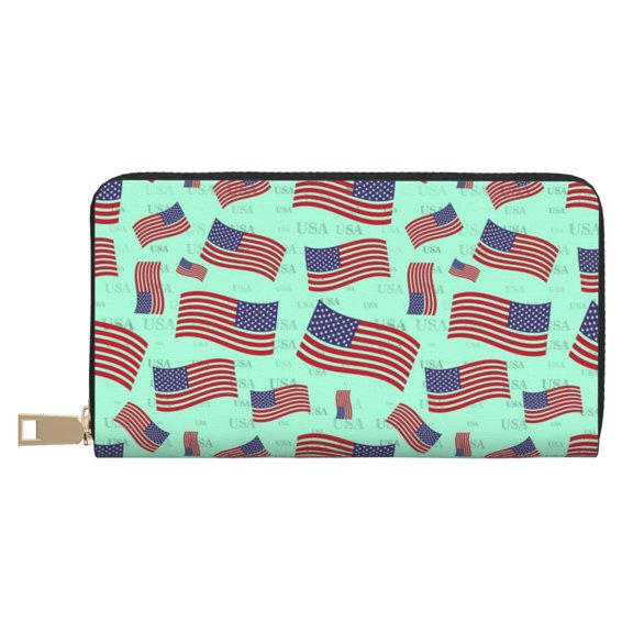 Leather Thin Slim Wallets for Women Men - Usa Flag Clutch Card Wallet for Women Men with Zipper