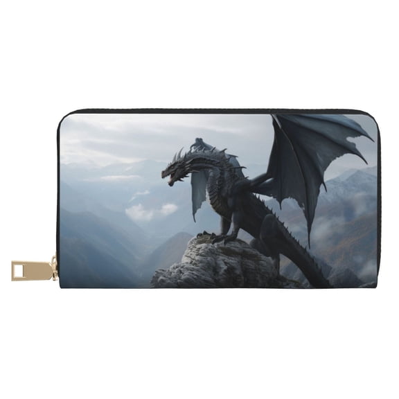 Leather Thin Slim Wallets for Women Men - Valley Gray Dragon Clutch Card Wallet for Women Men with Zipper