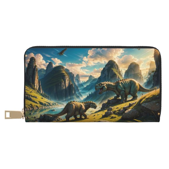 Leather Thin Slim Wallets for Women Men - Valley River Dinosaur Clutch Card Wallet for Women Men with Zipper