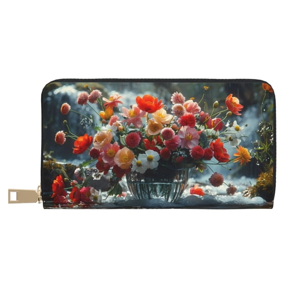 Leather Thin Slim Wallets for Women Men - Vibrant Bouquet Waterfall Clutch Card Wallet for Women Men with Zipper