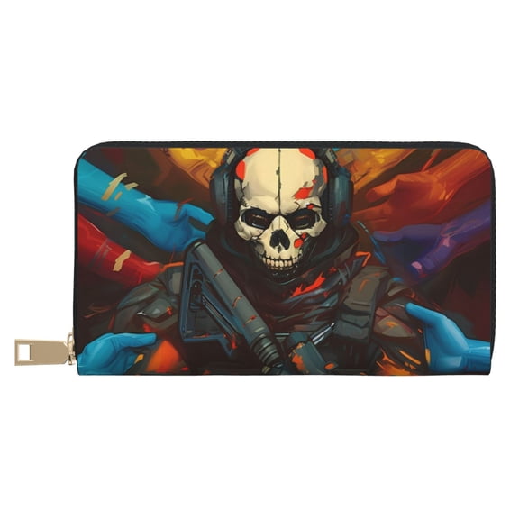 Leather Thin Slim Wallets for Women Men - Vibrant Skull Soldier Clutch Card Wallet for Women Men with Zipper