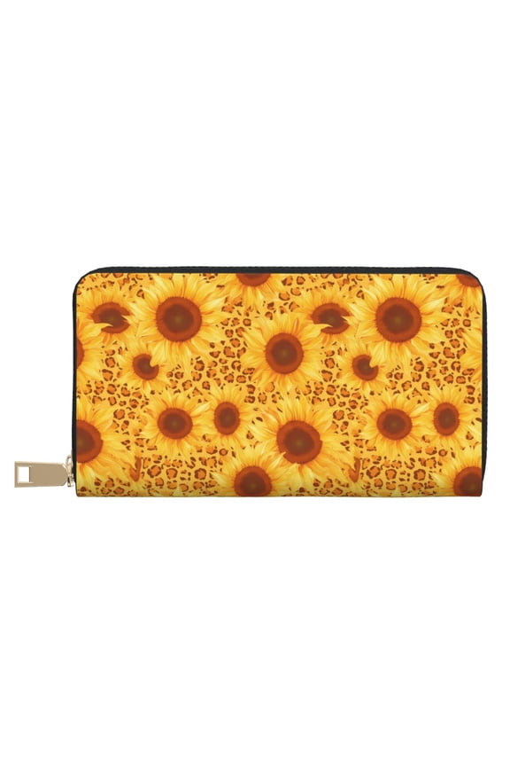 Leather Thin Slim Wallets for Women Men - Vintage Leopard Print Sunflower Clutch Card Wallet for Women Men with Zipper