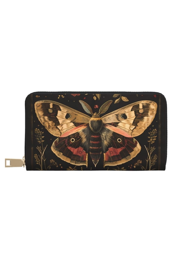 Leather Thin Slim Wallets for Women Men - Vintage Moth Floral Art Clutch Card Wallet for Women Men with Zipper