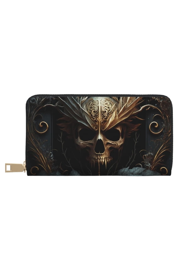 Leather Thin Slim Wallets for Women Men - Vintage Ornate Skull Clutch Card Wallet for Women Men with Zipper