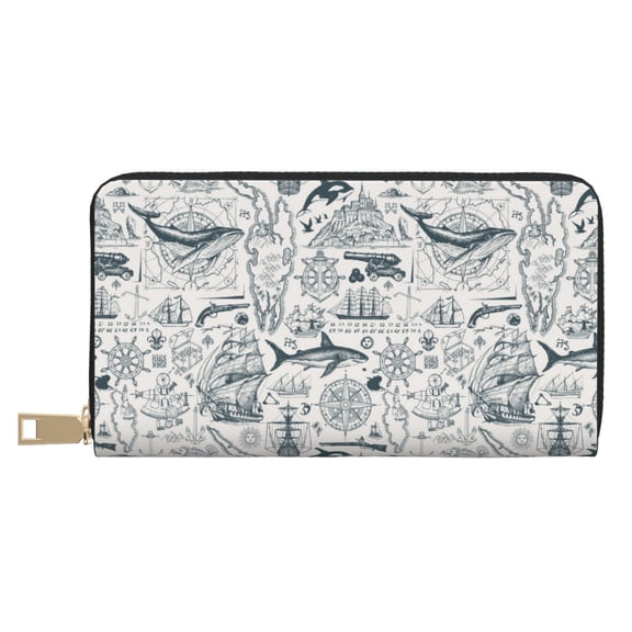 Leather Thin Slim Wallets for Women Men - Vintage Sailboats Clutch Card Wallet for Women Men with Zipper