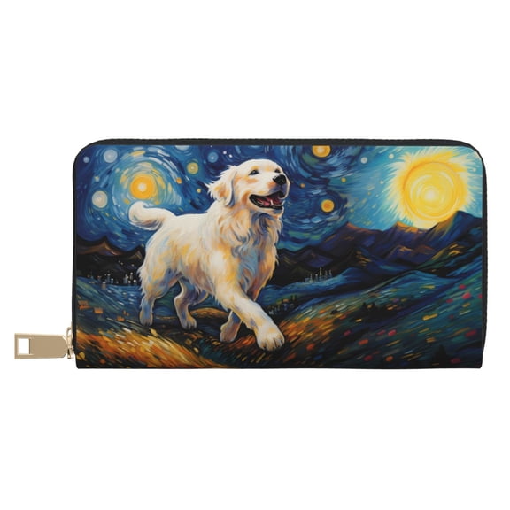 Leather Thin Slim Wallets for Women Men - Vintage Starry Sky Labrador A Clutch Card Wallet for Women Men with Zipper
